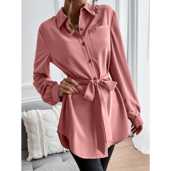 long sleeve Button down Belted tunic length Shirt black - Picture 8 of 11